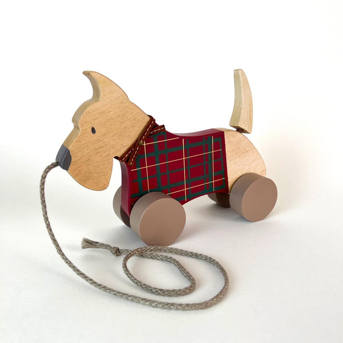 Wooden pull toy Schnauzer red tartan