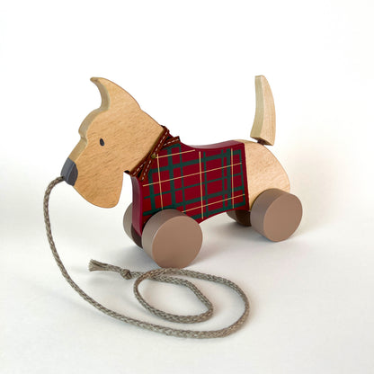 Wooden pull toy Schnauzer red tartan