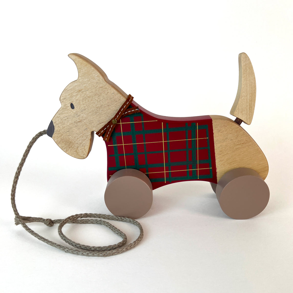 Wooden pull toy Schnauzer red tartan