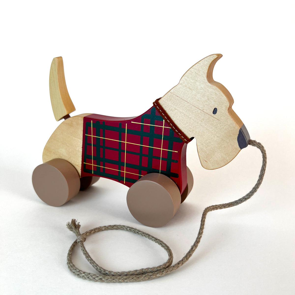 Wooden pull toy Schnauzer red tartan