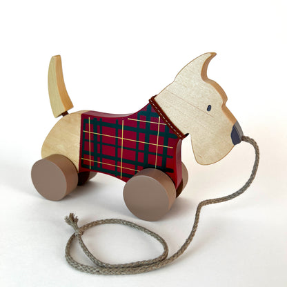 Wooden pull toy Schnauzer red tartan