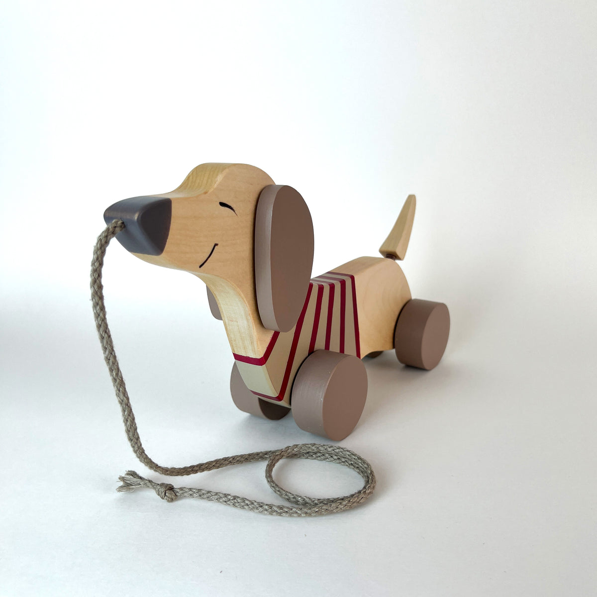 Wooden pull toy Dachshund beige red