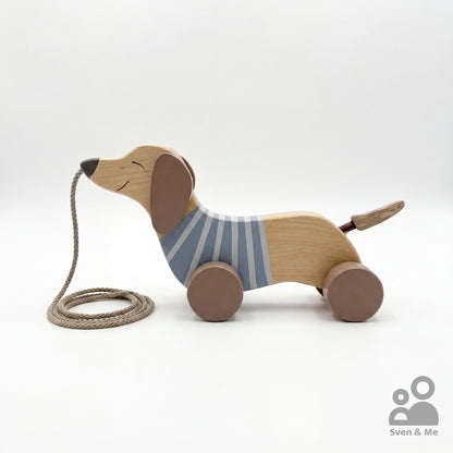 Wooden pull toy Dachshund navy blue