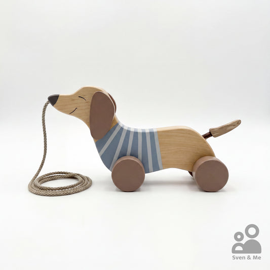Wooden pull toy Dachshund navy blue